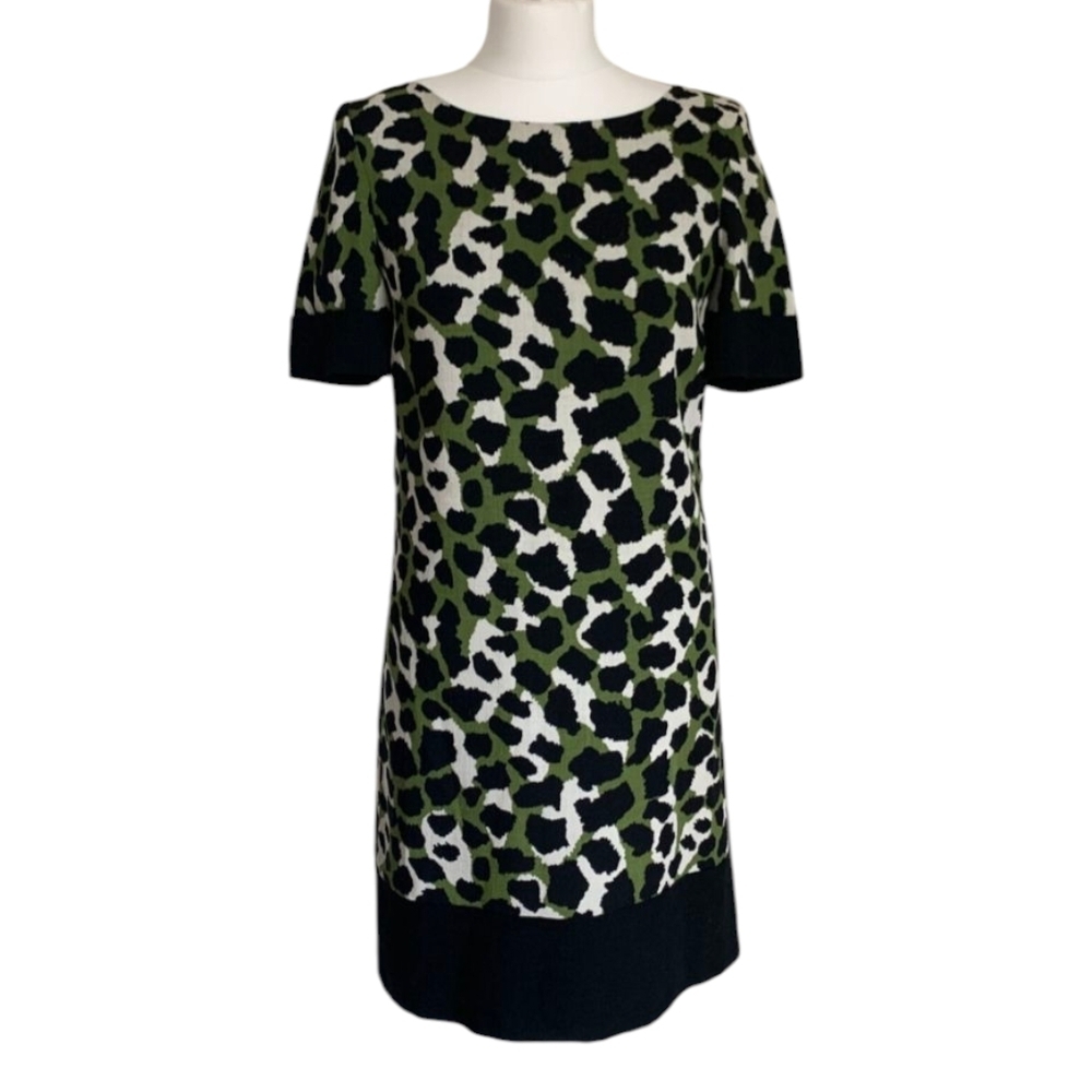Hobbs Green/Black Wool Leopard Print Shift Dress Fully Lined
